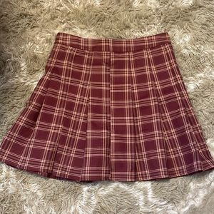 SHEIN size medium, burgundy, plaid, pleated skirt.